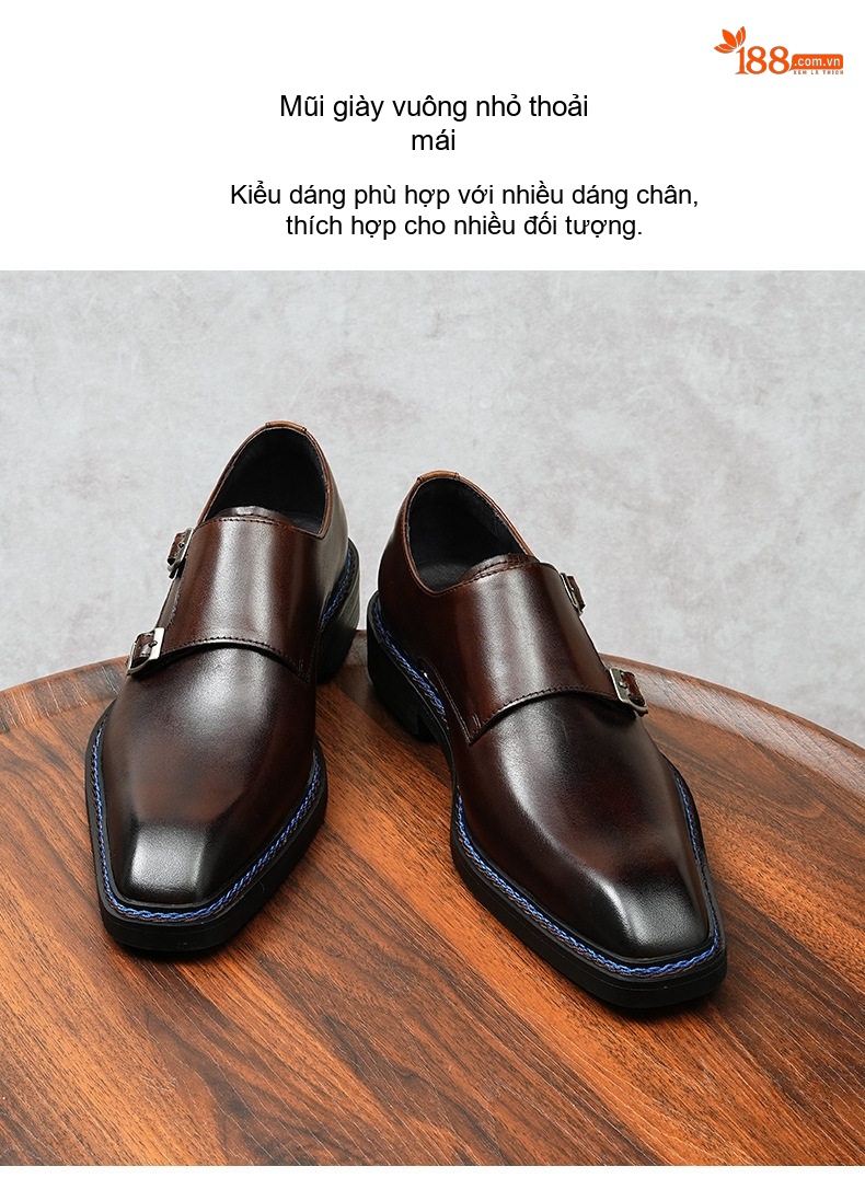 Giày Monkstrap Khóa Cài Nam Da Bò Mũi Vuông Chiều Cao Đế Khoảng 3cm Màu Đen, Nâu chi tiết 4