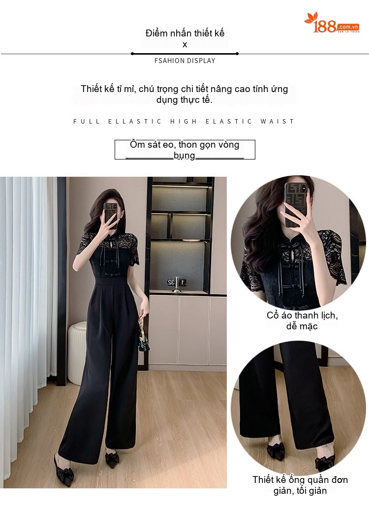Jumpsuit Nữ Ống Rộng Phong Cách Tân Cổ Điển Màu Đen chi tiết 2