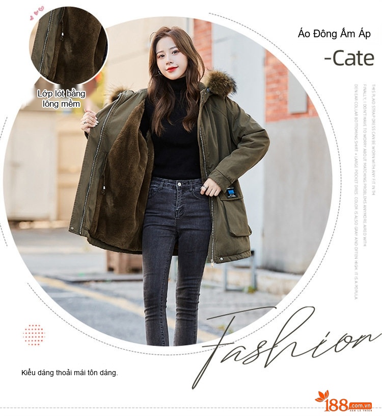 Áo Khoác Phao Nữ Cotton Dáng Dài Có Mũ Trùm Đầu Lót Lông Dày Dặn Màu Đen, Xanh Rêu chi tiết 3