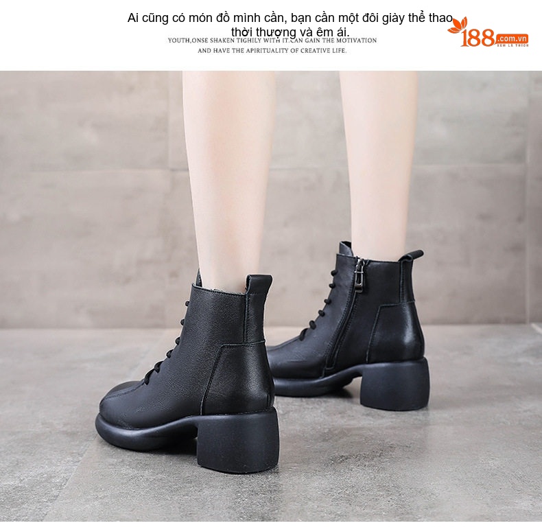 Boot Martin Nữ Da Bò Cổ Ngắn Gót Vuông Chiều Cao Đế Khoảng 5cm Màu Nâu, Đen chi tiết 12