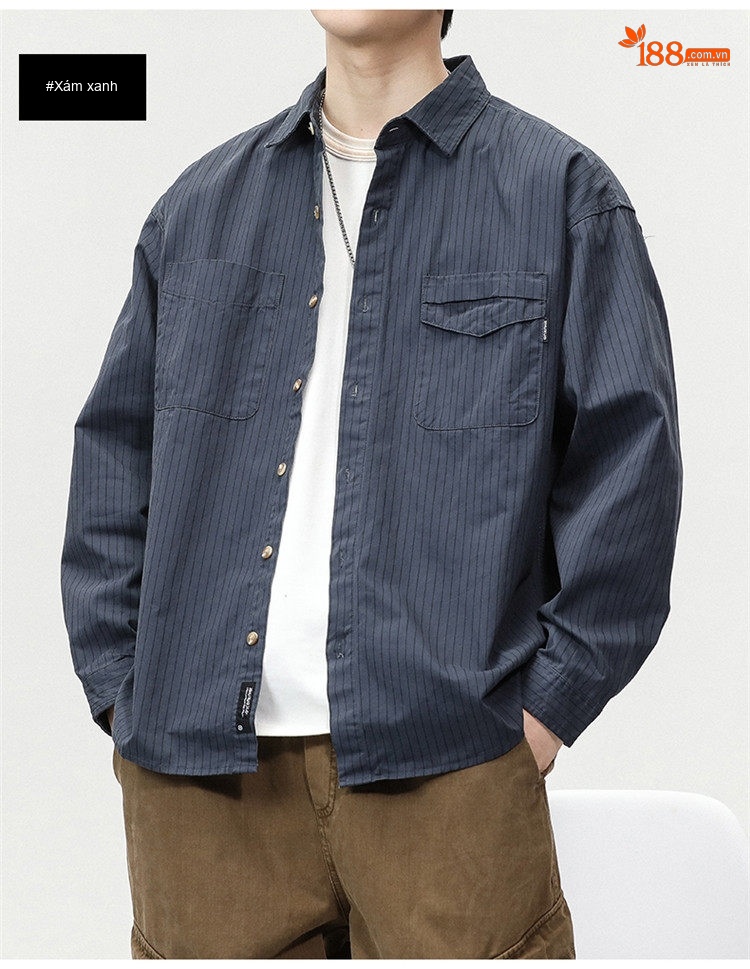 Áo Sơ Mi Nam Tay Dài Kẻ Sọc Retro Dáng Rộng Phong Cách Công Sở Màu Xanh Navy, Nâu, Kem chi tiết 10
