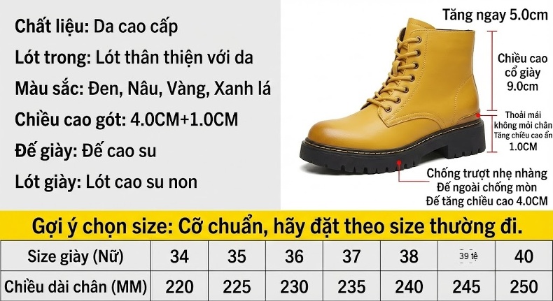 Giày Boot Nữ Cổ Cao Dây Buộc Phong Cách Retro Chiều Cao Đế Khoảng 4cm Màu Vàng, Xanh Lá, Nâu, Đen... chi tiết 5