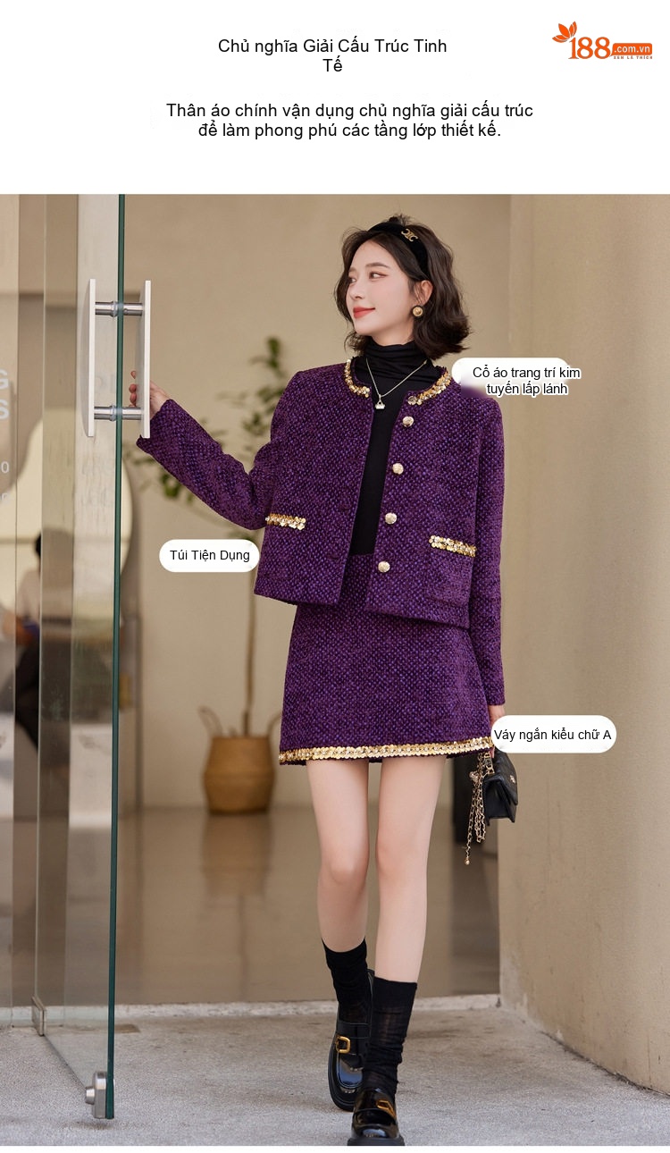 Set Áo Khoác Lửng Chân Váy Ngắn Tiểu Thư Phong Cách Tiểu Hương Thời Trang Thu Đông Màu Đen, Tím chi tiết 9