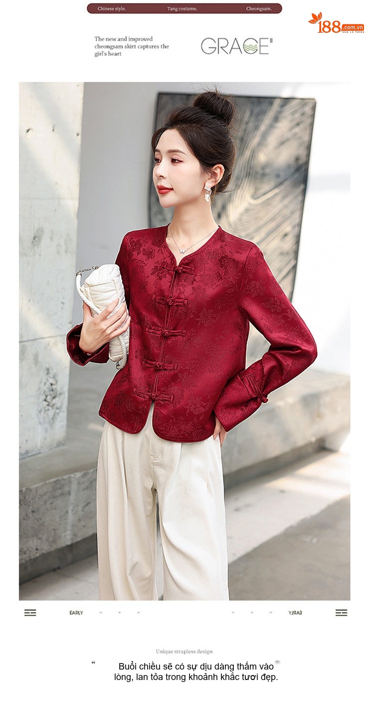 Áo Khoác Lửng Nữ Họa Tiết Jacquard Phong Cách Trung Hoa Cổ Điển Màu Đỏ, Đen chi tiết 13