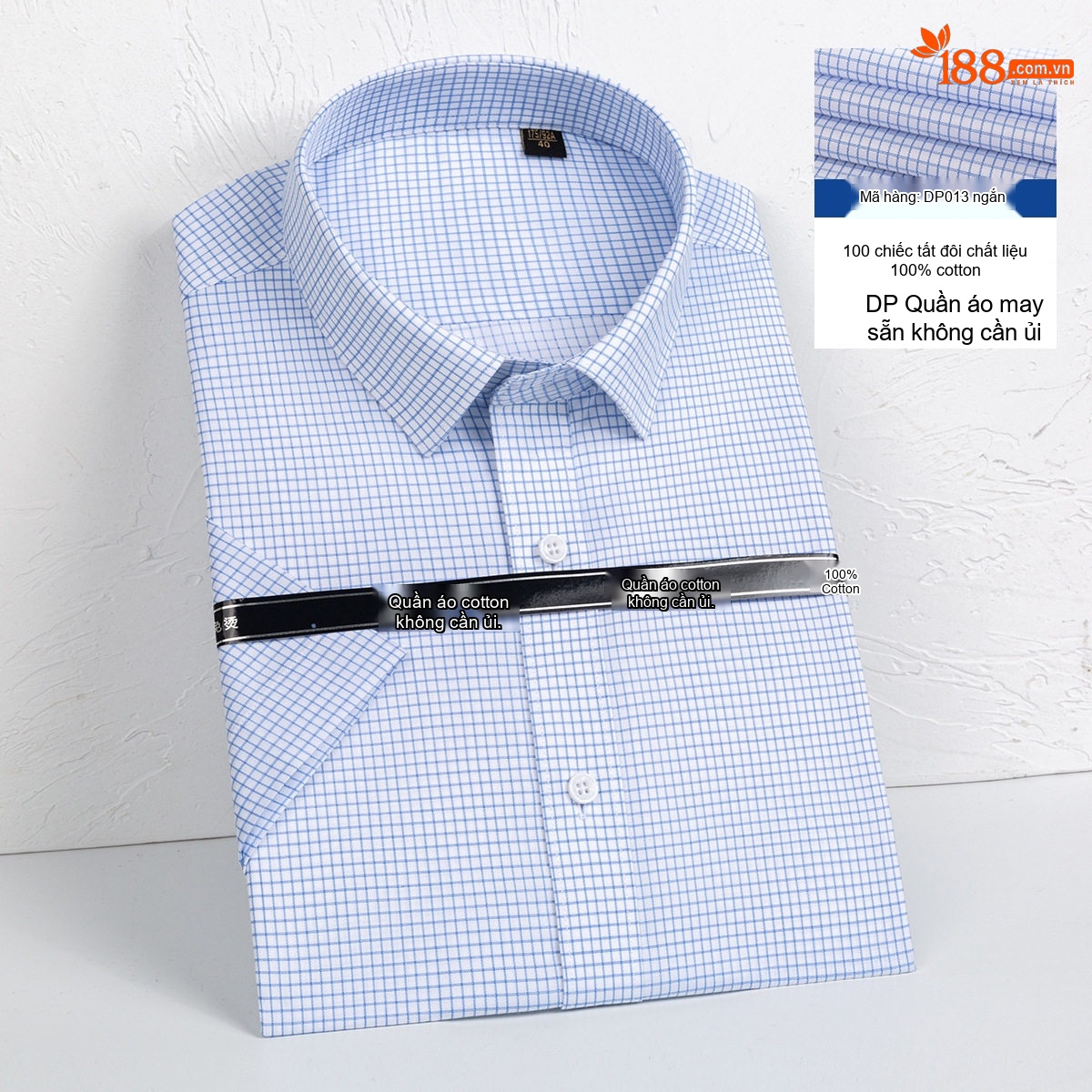 Áo Sơ Mi Nam Tay Ngắn Cotton Dáng Ôm Chống Nhăn Màu Xanh, Trắng chi tiết 12
