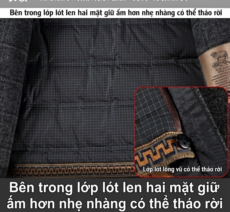 Áo Khoác Dạ Nam Hai Mặt Lông Cừu Dáng Dài Trung Niên Phong Cách Công Sở Màu Xám chi tiết 18