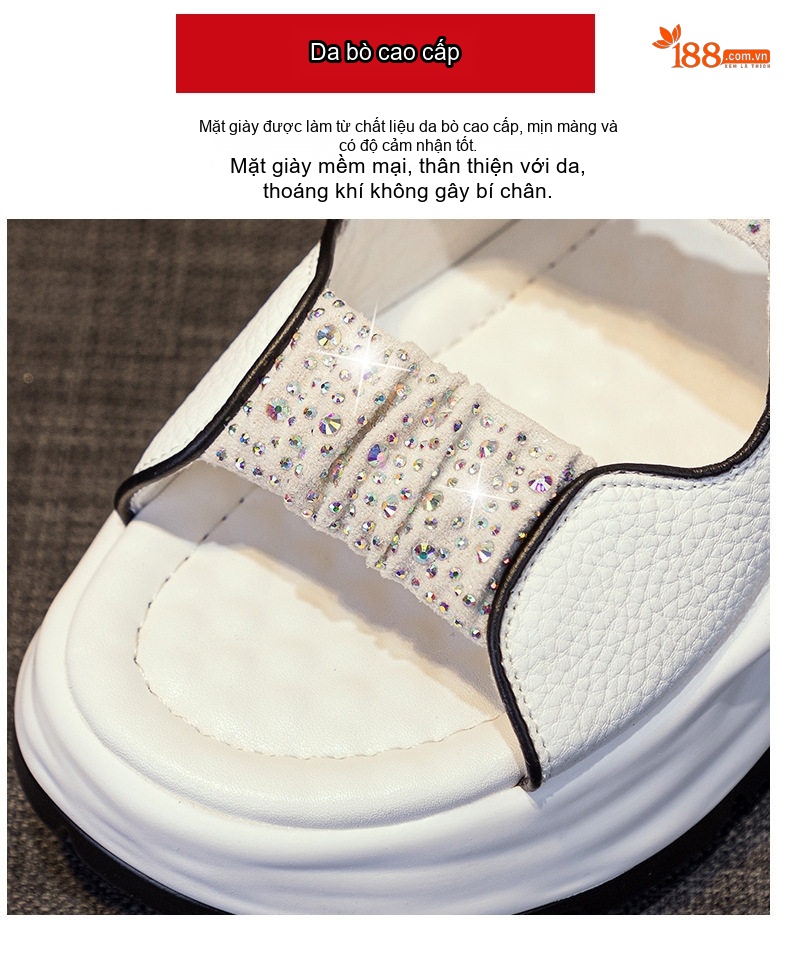 Dép Sandal Nữ Đế Bệt Quai Ngang Đính Đá Đế Cao 4cm - 5cm Màu Trắng, Xanh, Tím chi tiết 10