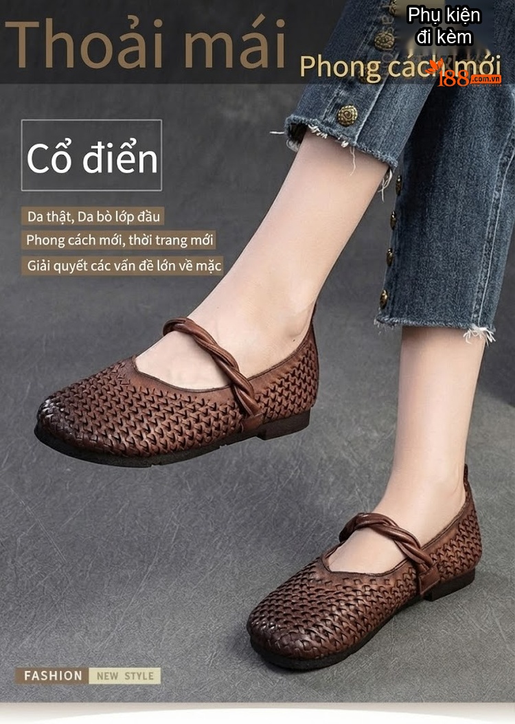 Giày Búp Bê Nữ Bệt Đan Thủ Công Phong Cách Cổ Điển Chiều Cao Đế Khoảng 1cm Màu Nâu chi tiết 1