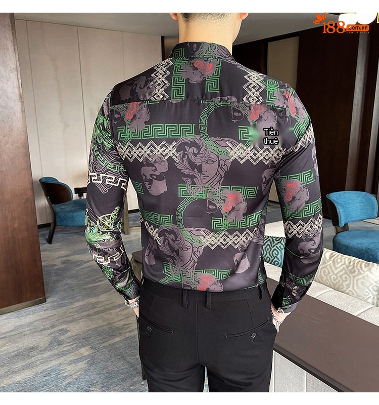 Áo Sơ Mi Nam Tay Dài Họa Tiết Hoa Văn Phong Cách Retro Màu Đen, Đỏ, Xám, Xanh Lá chi tiết 7