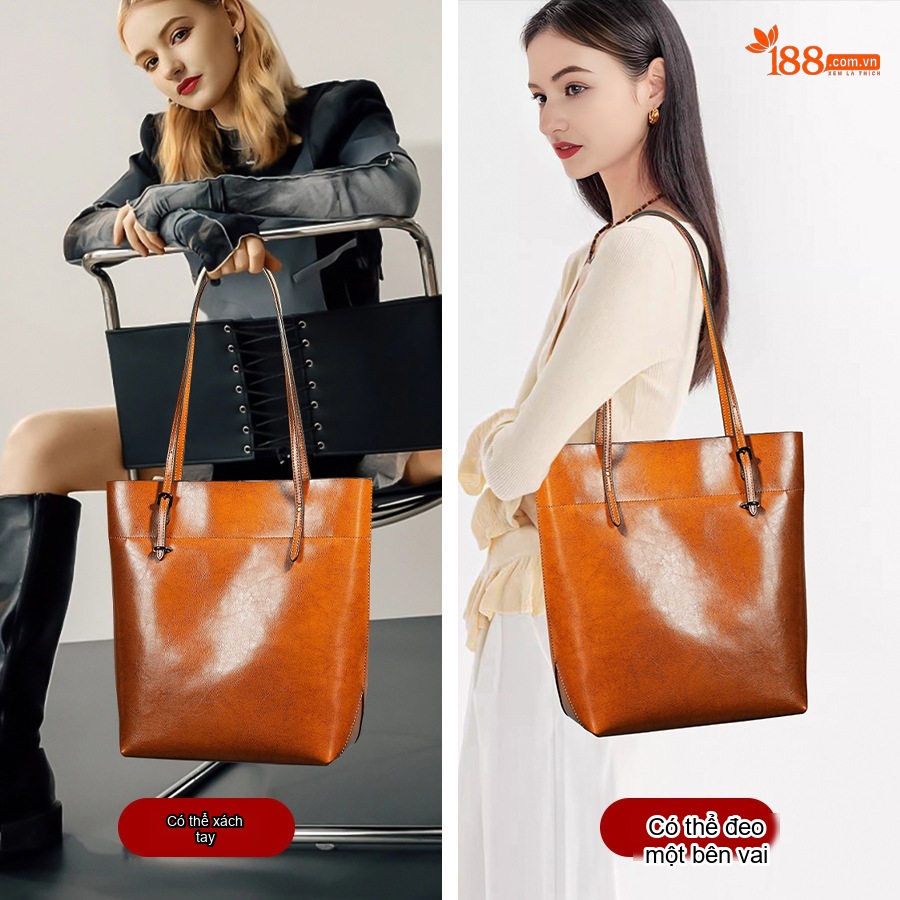 Túi Tote Nữ Da Thật Đựng Vừa A4 Phong Cách Âu Mỹ Màu Nâu, Đen
