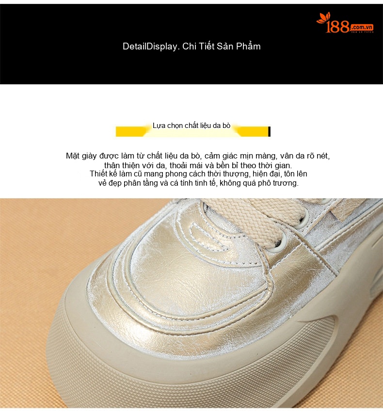 Giày Thể Thao Nữ Da Bò Đế Bằng Chiều Cao Đế Khoảng 4cm Màu Trắng, Be chi tiết 6