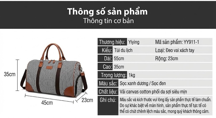 Túi Du Lịch Vải Canvas Chống Nước, Túi Xách Tay, Túi Tập Gym Màu Sọc Xanh Navy, Trắng chi tiết 3