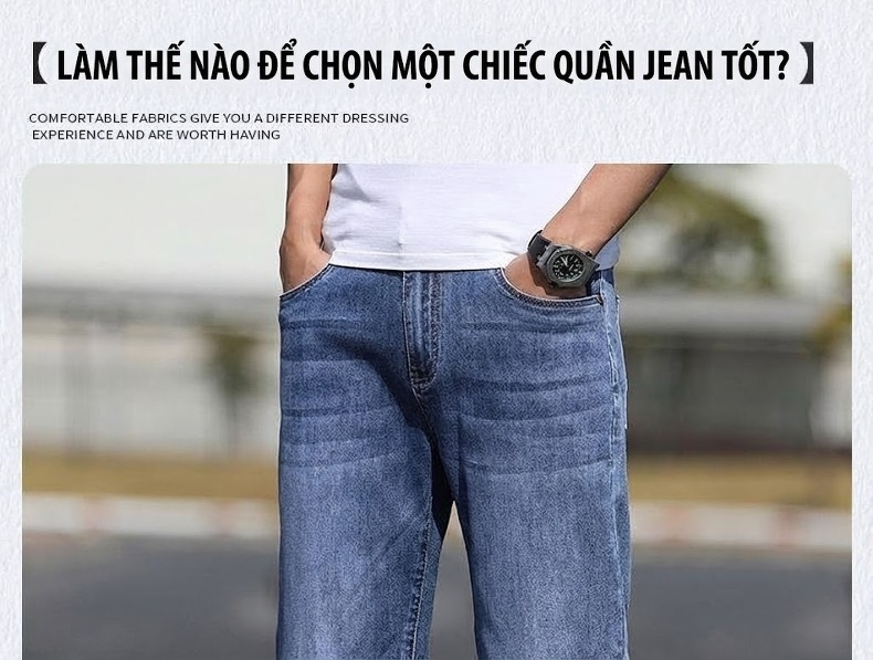 Quần Jean Dáng Suông Nam Co Giãn Thoải Mái Kiểu Dáng Trung Niên Màu Xanh Đậm, Xanh Nhạt chi tiết 3