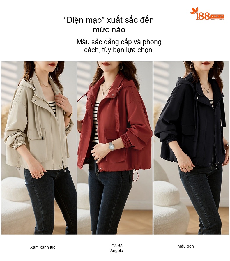 Áo Khoác Gió Nữ Dáng Ngắn Có Mũ Trùm Đầu Phong Cách Trẻ Trung Màu Đỏ, Kem, Đen chi tiết 15