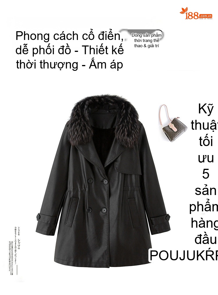 Áo Khoác Da Nữ Lót Lông Dày Dặn Cổ Lông Tháo Rời Màu Đỏ, Nâu, Đen chi tiết 8