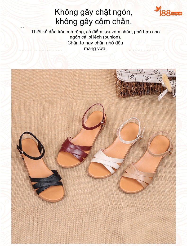 Dép Sandal Nữ Da Thật Quai Chéo Đế Mềm Chống Trượt Đế Cao 3cm - 4cm Màu Đỏ, Nâu, Đen, Kem chi tiết 8