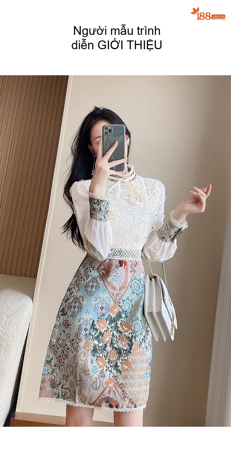 Váy Đầm Nữ Tay Dài Cổ Tàu Họa Tiết Thêu Hoa phối Ren Phong Cách Pháp chi tiết 7