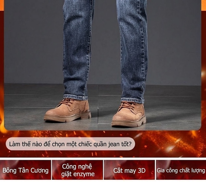 Quần Jean Nam Ống Đứng Co Giãn Lót Lông Cao Cấp Màu Xanh, Đen chi tiết 2