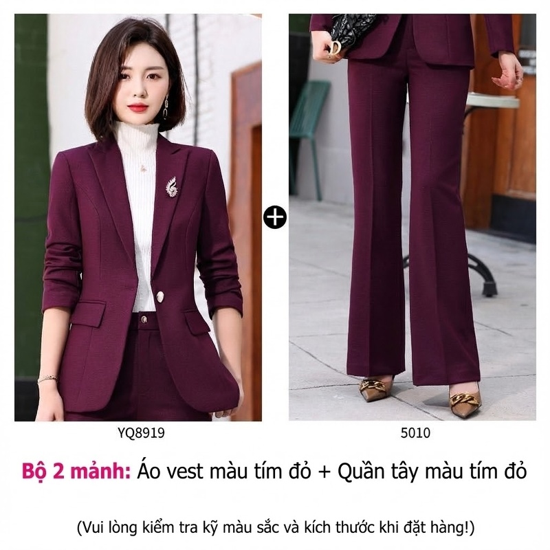 Bộ Vest Công Sở Nữ Quần Dài Áo Blazer Tay Lỡ Màu Đen, Hồng Tím, Xanh