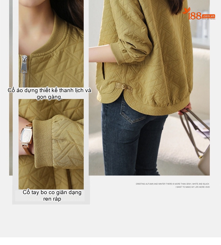 Áo Khoác Bomber Nữ Dáng Ngắn Phong Cách Retro Màu Kem, Xanh Olive chi tiết 10