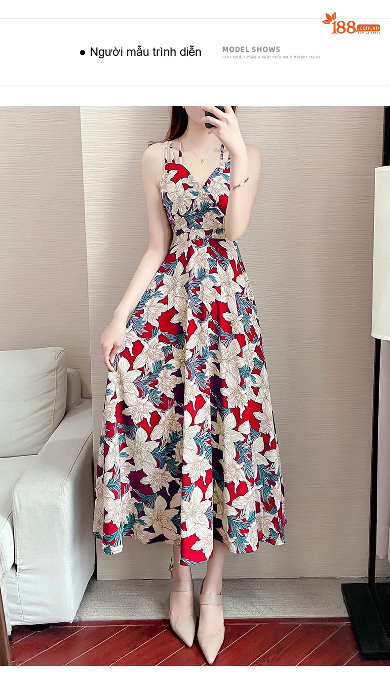 Váy Hai Dây Nữ Dáng Dài Họa Tiết Hoa Nhí Mùa Hè Phong Cách Đi Biển chi tiết 7