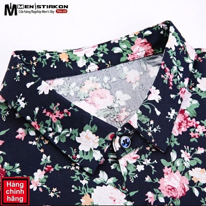 Áo Sơ Mi Tay Ngắn Nam Cotton Họa Tiết Hoa Mỏng Nhẹ Màu Đen, Trắng, Xanh Navy