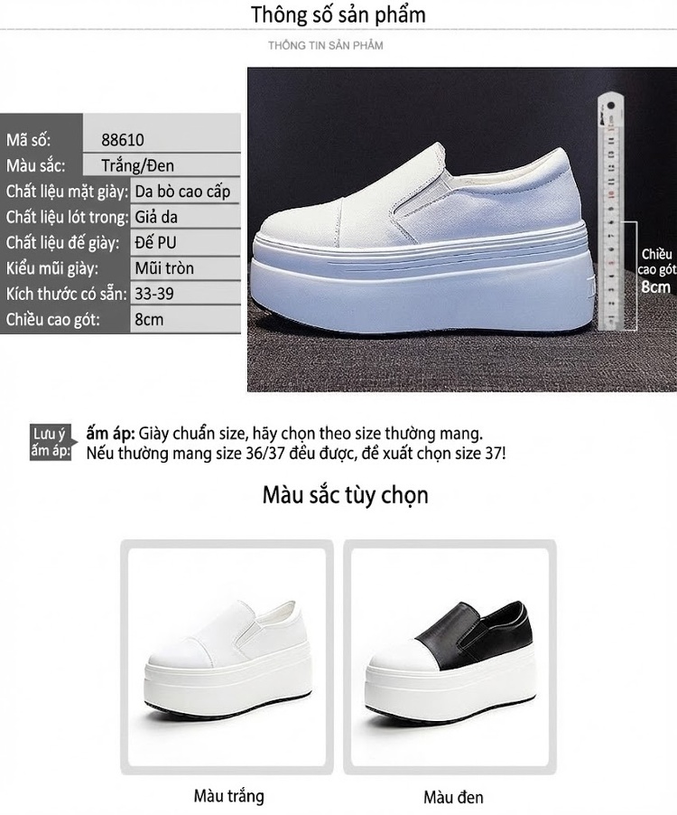 Giày Lười Nữ Da Bóng Đế Xuồng Chiều Cao Đế Khoảng 5cm Màu Trắng, Đen chi tiết 5