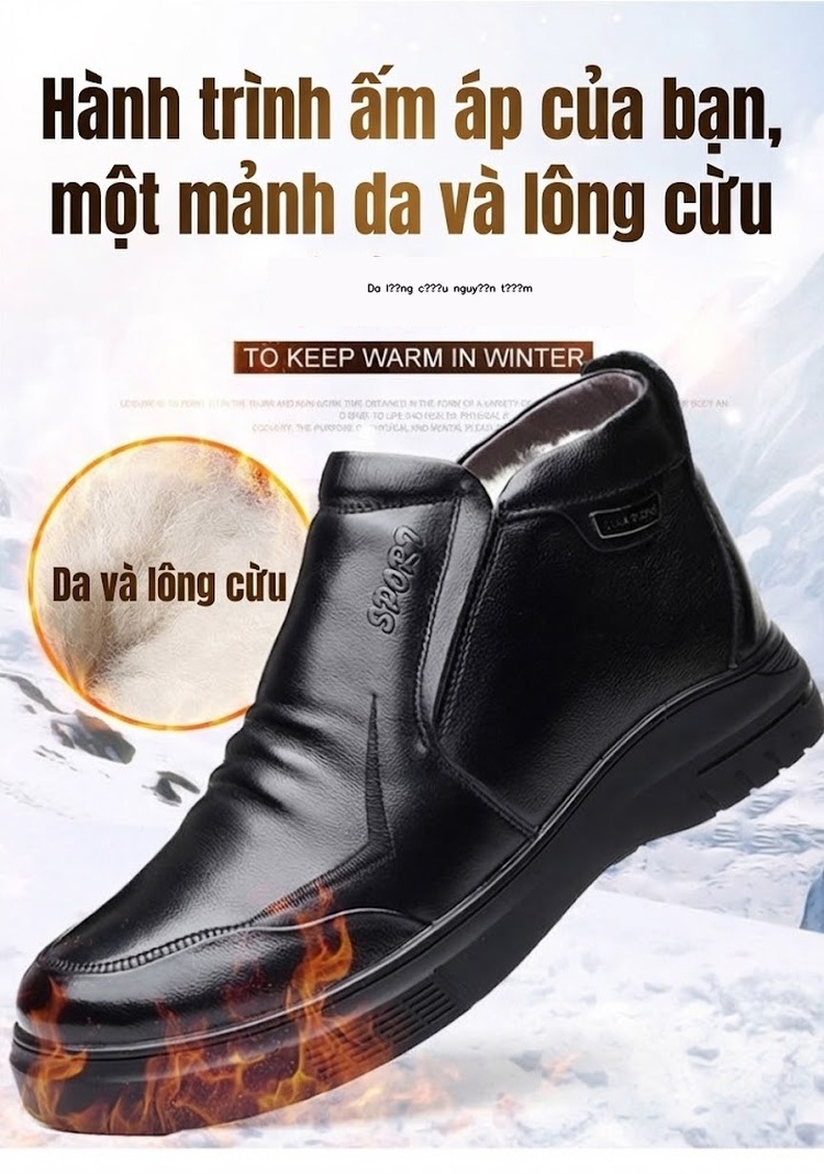 Giày Cao Cổ Nam Da Thật Lót Lông Cừu Giữ Ấm Chiều Cao Đế Khoảng 3cm Màu Đen chi tiết 1