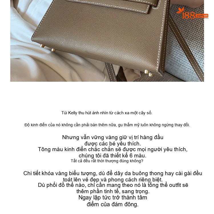 Túi Kelly Mini Da Bò Vân Tay Cầm Tay Đeo Vai Chéo Phong Cách Thời Trang Màu Trắng, Nâu, Xám, Đen... chi tiết 2