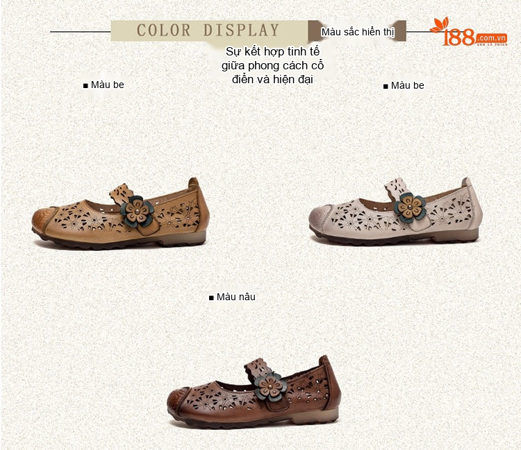 Dép Sandal Nữ Da Bò Lười Xỏ Ngón Lưới Thoáng Khí Đế Cao 3cm - 4cm Màu Nâu, Kem chi tiết 3