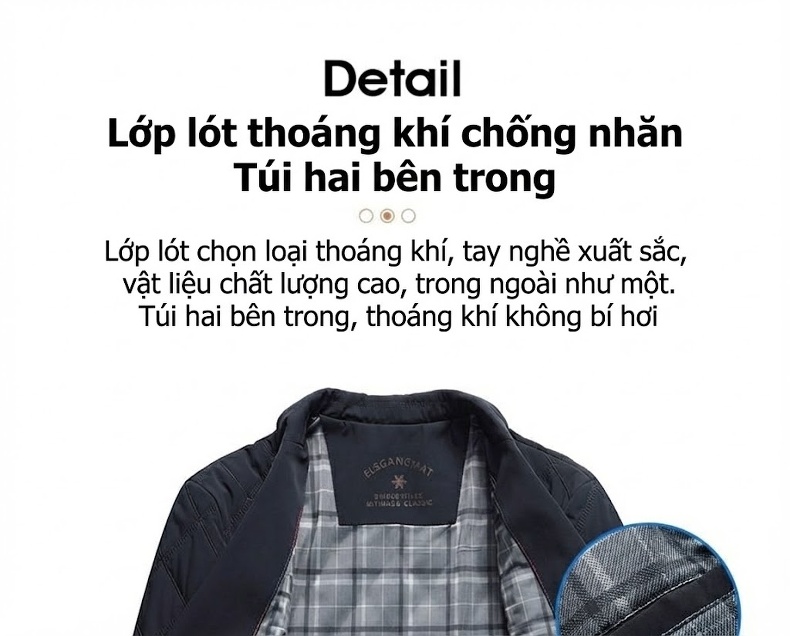 Áo Khoác Bông Nam Trung Niên Dáng Vừa Vải Cotton Lót Lụa Tằm Màu Xanh Navy chi tiết 9
