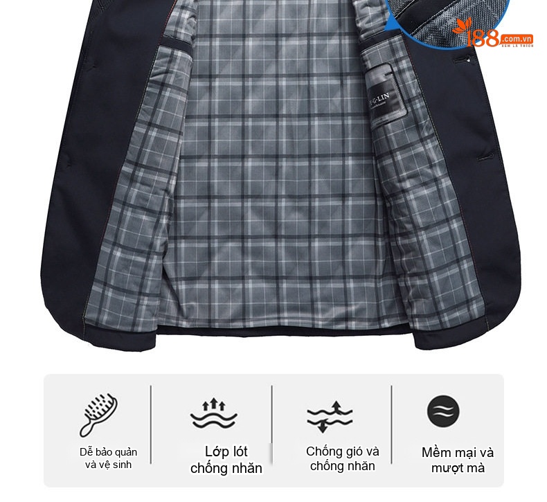 Áo Khoác Bông Nam Trung Niên Dáng Vừa Vải Cotton Lót Lụa Tằm Màu Xanh Navy chi tiết 10