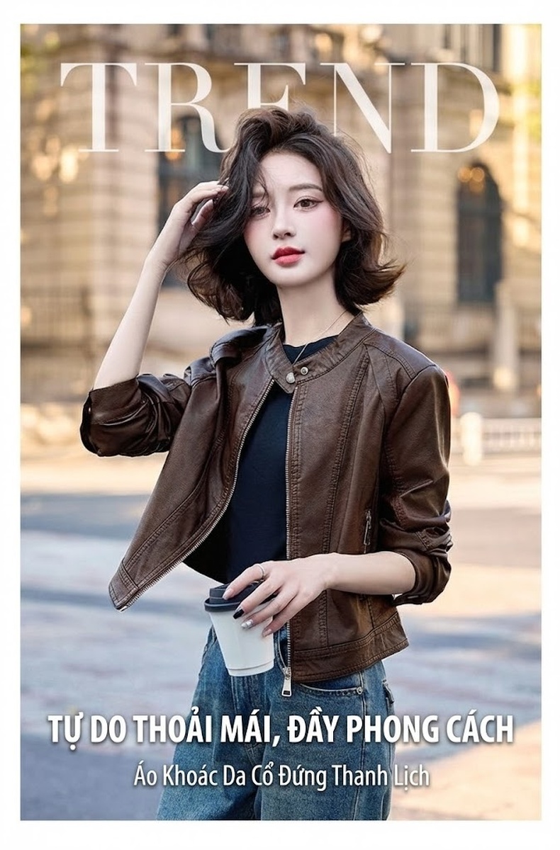 Áo Khoác Da Kiểu Bomber Nữ Dáng Ngắn Da Bóng Màu Đen, Nâu chi tiết 1