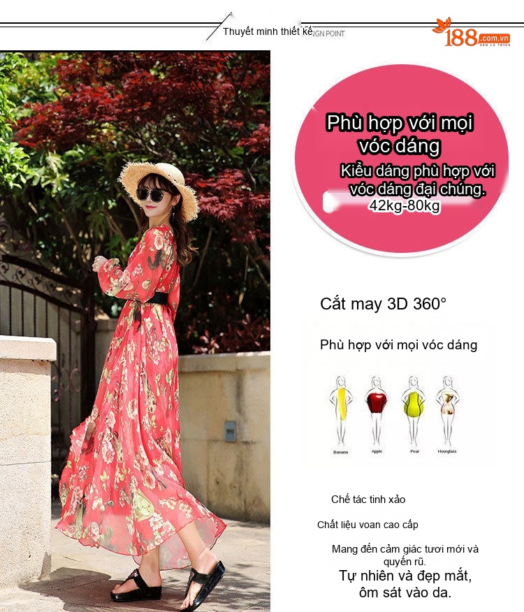 Váy Dài Tay Nữ Eo Cao Họa Tiết Hoa Nhí Cổ Nơ Chất Tơ Gân Phù Hợp Đi Biển Màu Đỏ, Vàng, Xanh Dương chi tiết 2