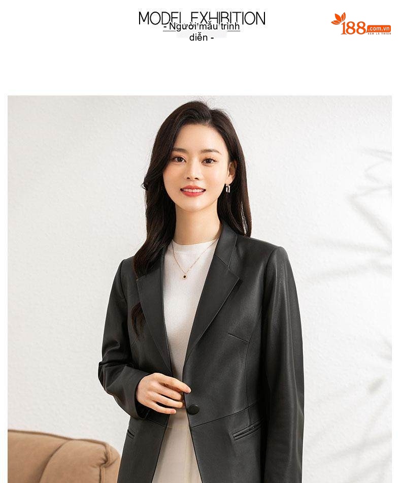 Áo Khoác Blazer Nữ Da Cừu Thật Dáng Ôm Thanh Lịch Màu Đen chi tiết 5