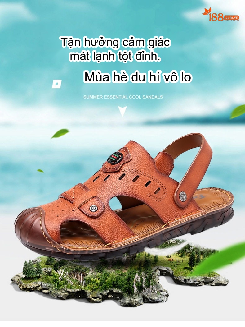Dép Sandal Nam Da Bóng Quai Hậu Chiều Cao Đế Khoảng 2cm Màu Nâu, Đen chi tiết 1