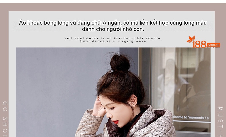 Áo Khoác Phao Nữ Cotton Kiểu Ngắn Thời Trang Màu Trắng Kem, Đen chi tiết 3