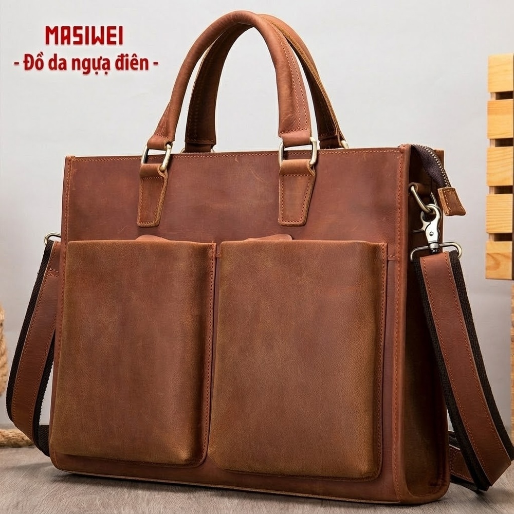 Cặp Công Sở Nam Da Bò Sáp Thủ Công Vintage Đựng Laptop Có Dây Đeo Màu Nâu