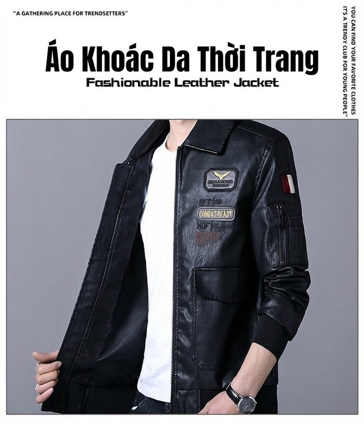 Áo Khoác Bomber Nam Da PU Thêu Hình Phong Cách Hàn Quốc Màu Đen chi tiết 1