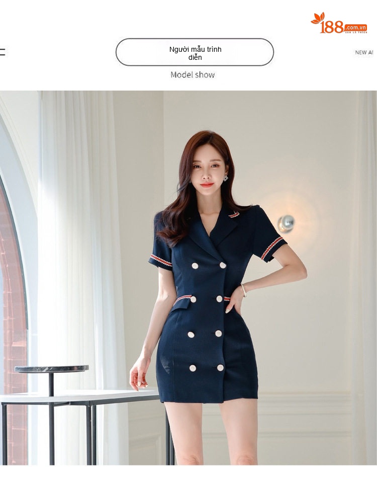 Váy Đầm Ôm Body Nữ Cổ chữ Vest Tay Ngắn Hai Hàng Khuy Phong Cách Thanh Lịch Màu Xanh Navy chi tiết 10