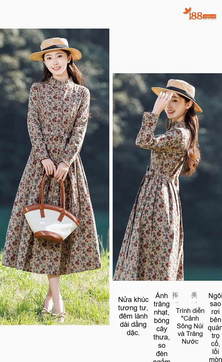 Váy Dài Tay Lỡ Nữ Cổ Trụ Họa Tiết Hoa Vintage Thoáng Mát chi tiết 18