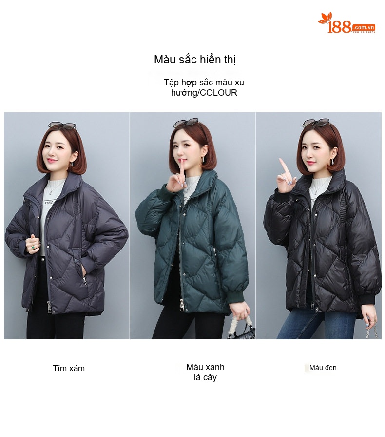Áo Khoác Phao Nữ Cotton Dáng Ngắn Lót Dày Cổ Đứng Màu Đen, Xanh Lá chi tiết 9