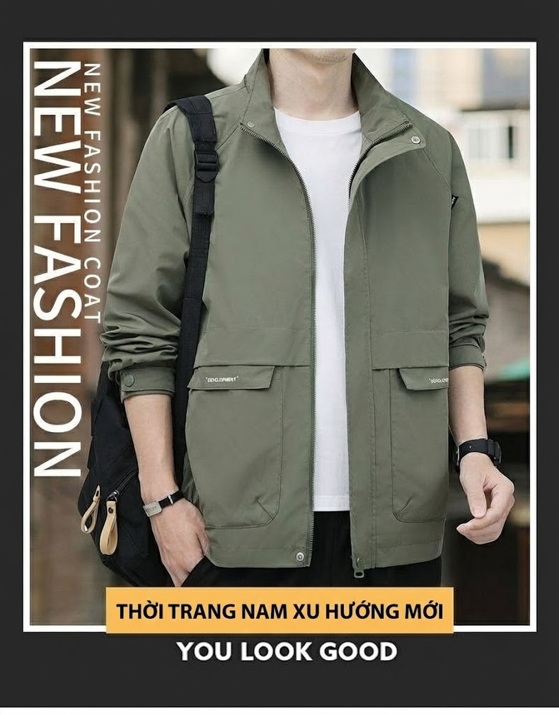 Áo Khoác Nam Cổ Trụ Dáng Ôm Vừa Vặn Phong Cách Lịch Lãm Màu Đen, Kem, Xanh Olive chi tiết 1