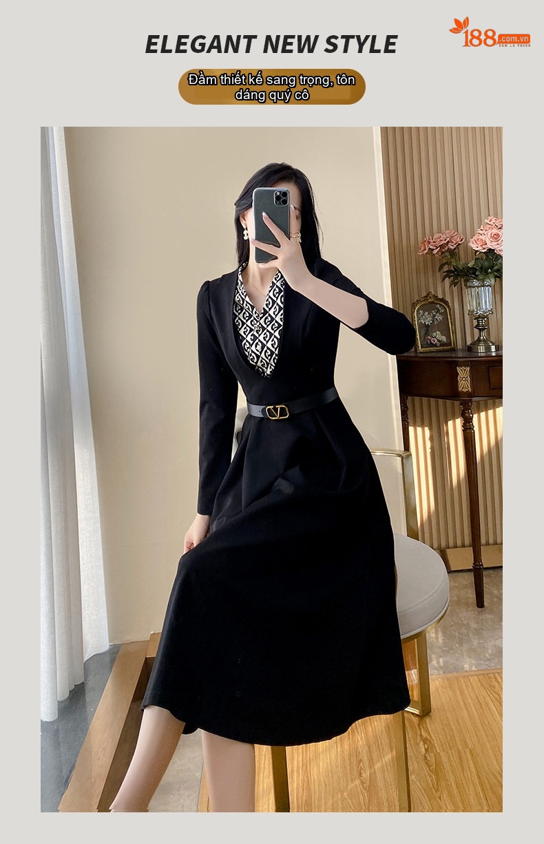 Váy Liền Thân Nữ Dáng Dài Tay Lỡ Chiết Eo Phong Cách Thanh Lịch Màu Đen chi tiết 1