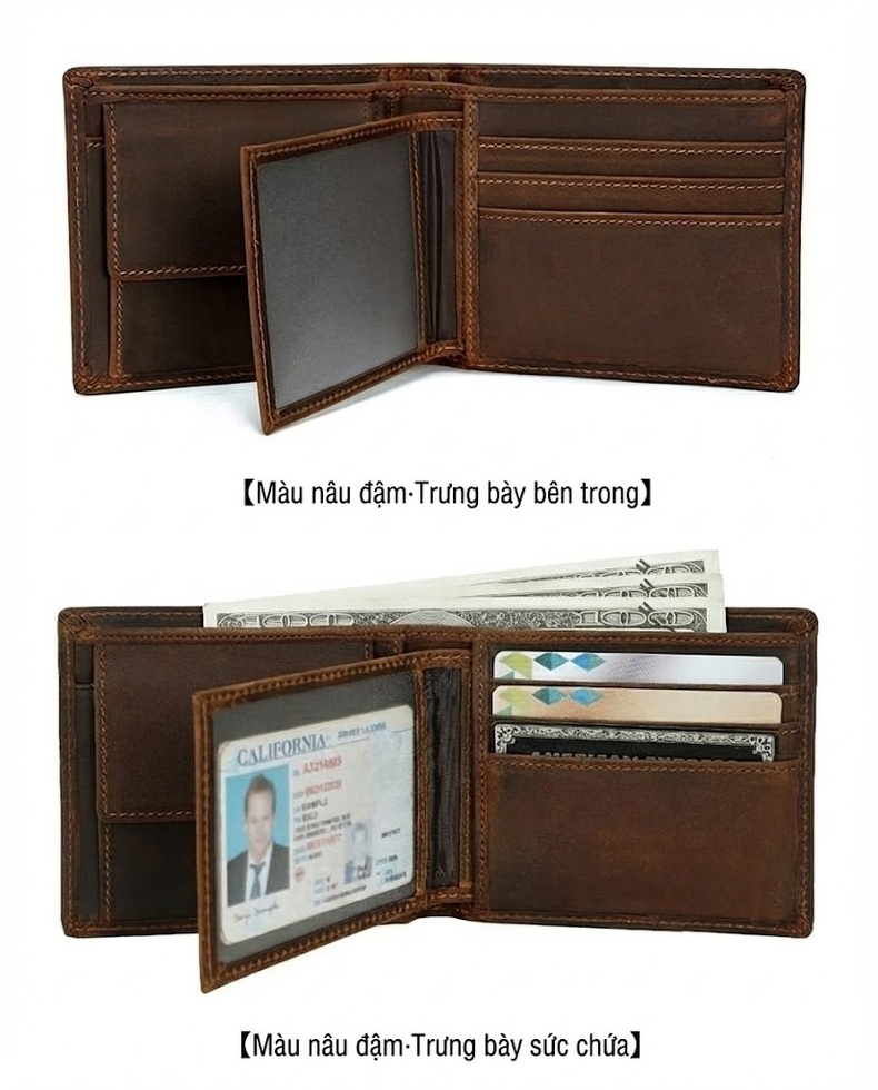 Ví Da Thật Nam Dáng Ngang Gập Đôi Nhiều Ngăn Màu Nâu chi tiết 8