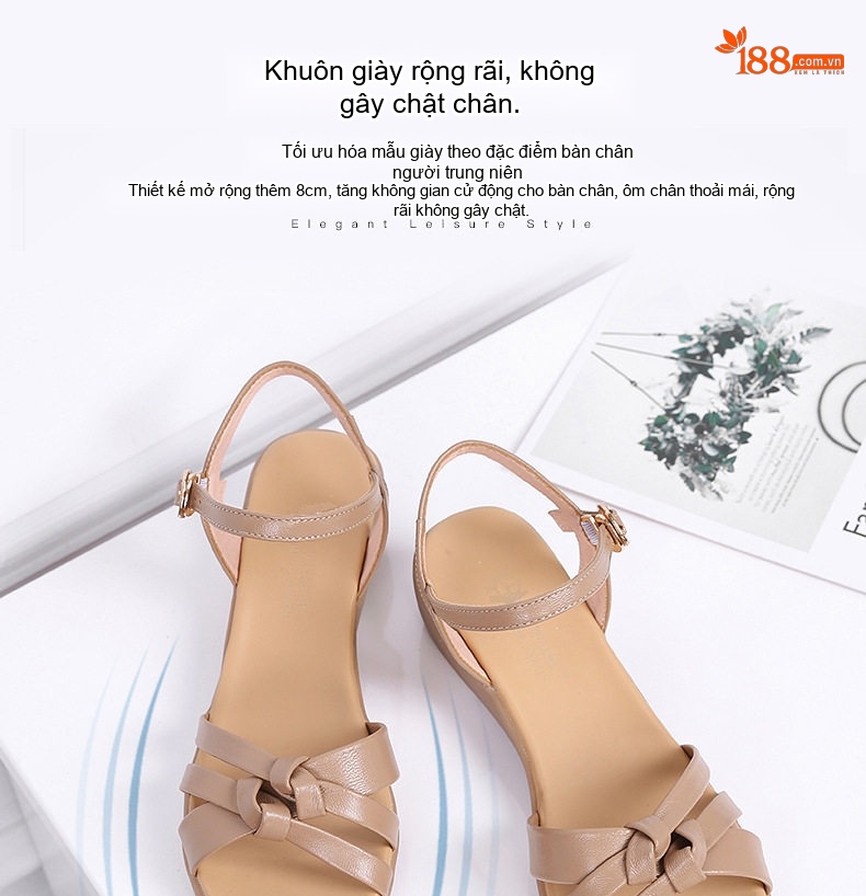 Dép Sandal Nữ Quai Ngang Da Bò Đế Cao 5cm - 6cm Màu Đen, Kem chi tiết 11