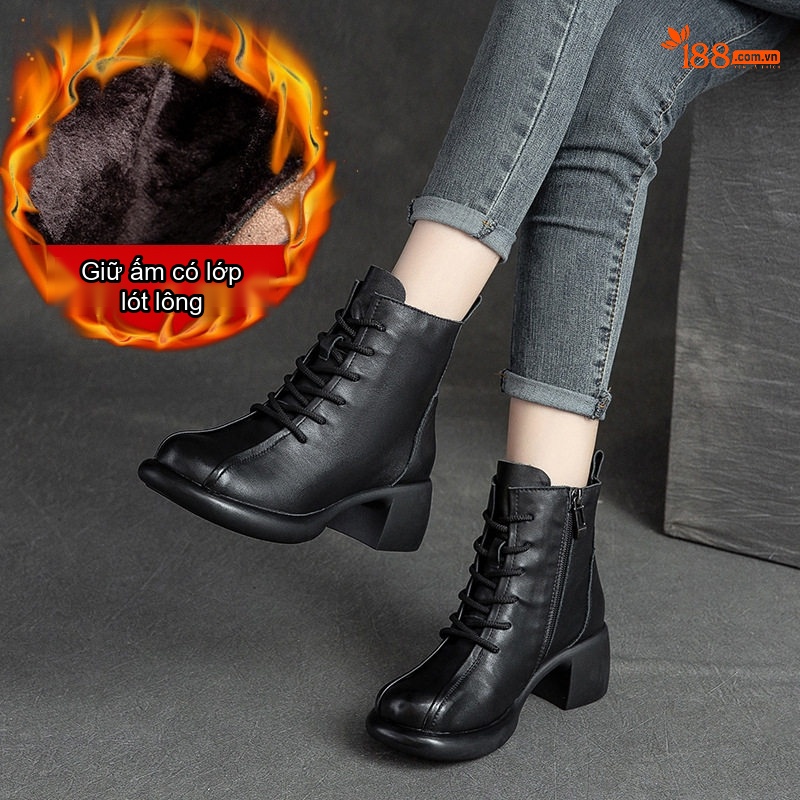 Boot Nữ Da Bò Lót Lông Giữ Ấm Mùa Đông Cổ Ngắn Chiều Cao Đế Khoảng 5cm Màu Nâu, Đen