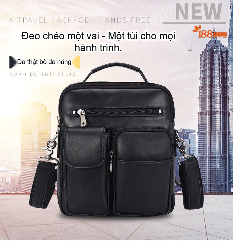 Túi Đeo Vai Nam Da Bò Sáp, Túi Đeo Chéo, Túi Du Lịch, In Logo Màu Đen, Nâu chi tiết 1