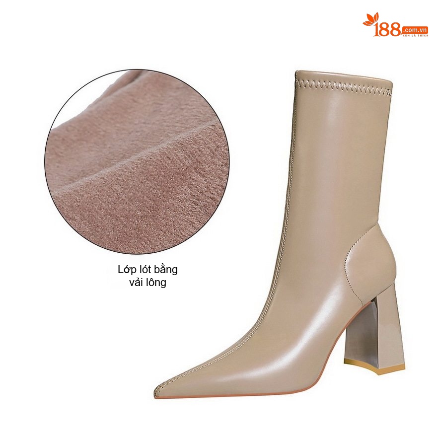 Boot Nữ Cổ Ngắn Gót Vuông Da Bóng Mũi Nhọn Chiều Cao Đế Khoảng 8cm Màu Đen, Nâu, Kem