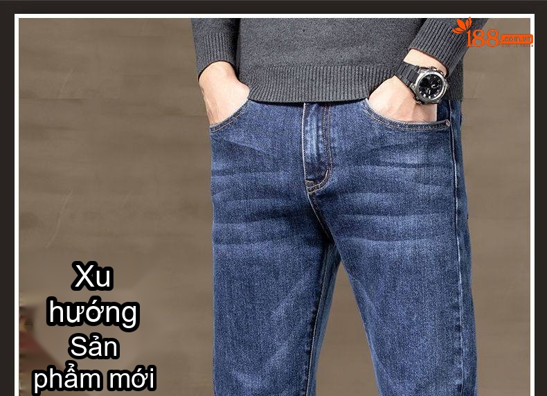 Quần Jean Nam Dáng Ôm Vừa, Ống Đứng, Co Giãn, Phong Cách Lịch Lãm Màu Xanh Denim chi tiết 1